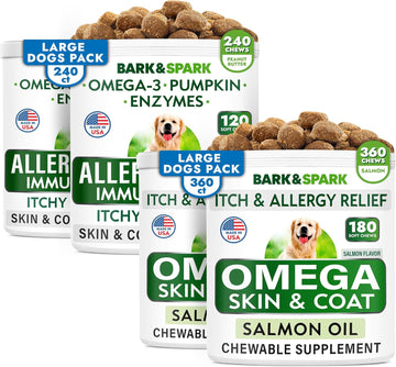 Allergy Relief + Omega 3 Bundle - Anti-Itch & Hot Spots + Skin Allergy - Omega 3 + Pumpkin + Enzymes + Epa&Dha Fatty Acid - Immune Supplement + Joint Health - 240 Chews + 360 Chews - Made In Usa