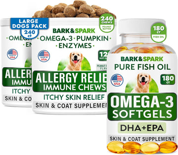Allergy Relief + Omega 3 Bundle - Anti-Itch & Hot Spots + Skin Allergy - Omega 3 + Pumpkin + Enzymes - Immune Supplement + Joint Health - 420 Chews - Peanut Butter + Fish Flavor - Made In Usa