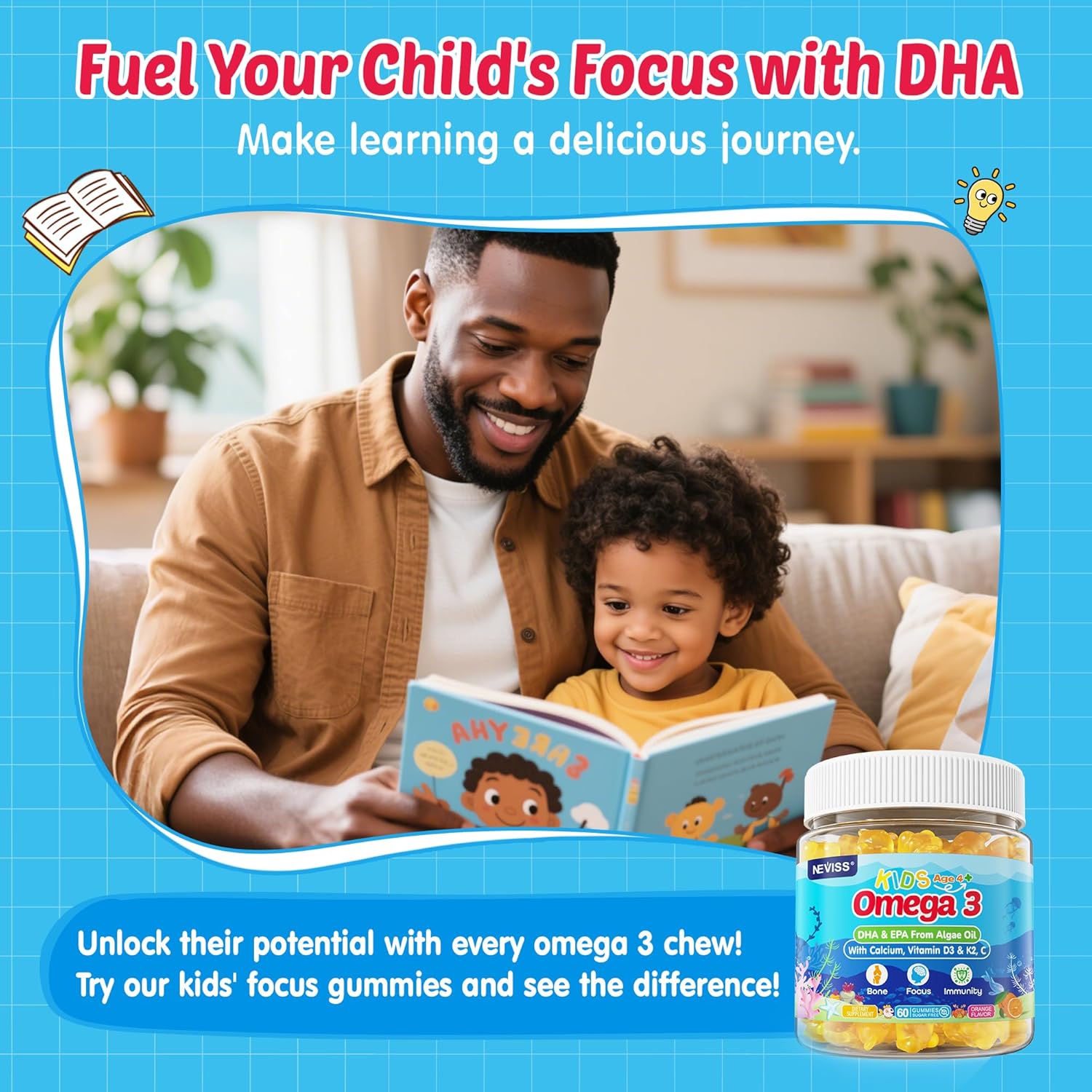 Kids Omega 3 Gummies With Calcium, Vitamin D3 & K2, C, Omega-3 Dha Gummies For Focus And Memory, Bone Health & Immune Support, Kids Omega3 Supplement - No Fish Taste, Non-Gmo, Chewable, 60 Counts : Health & Household