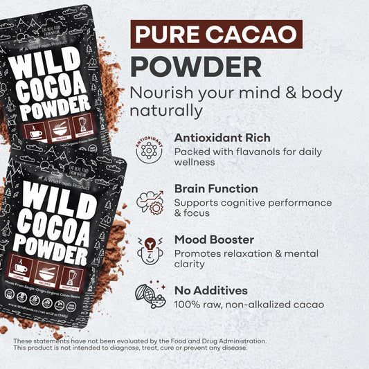 Wild Foods Organic Cocoa Powder | Single Origin Unsweetened Keto Chocolate Powder For Cooking & Baking | 100% Natural Cacao Beans | Sugar Free Non Dutch Raw Superfood | 12 Oz