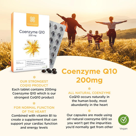 Healthspan Coenzyme Q10 200Mg | 60 Capsules | Added Vitamin B1 | Heart Health & Energy Metabolism | Sunflower Oil Base | Vegan