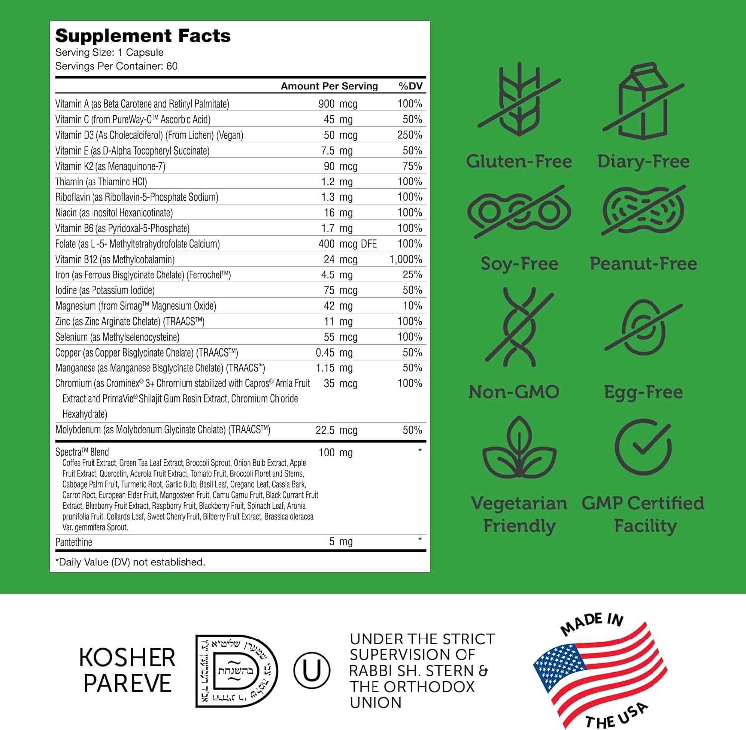 Zahler - One Daily Vegan Multivitamins For Women & Men (60 Count) Kosher Vegan Multivitamin - Essential Vitamins & Minerals With Whole Food Spectra Blend - Vegetarian And Vegan Vitamins For Adults : Health & Household