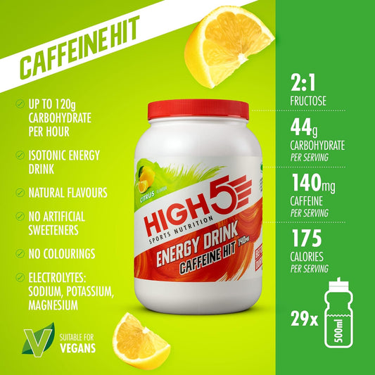 High5 Energy Drink Caffeine Hit - Electrolytes Sport Energy Drink Powder - Isotonic Drink With 2:1 Fructose - Hydration For Running, Cycling, Endurance Fuel - Natural Flavours, Vegan (Citrus, 12X47G)