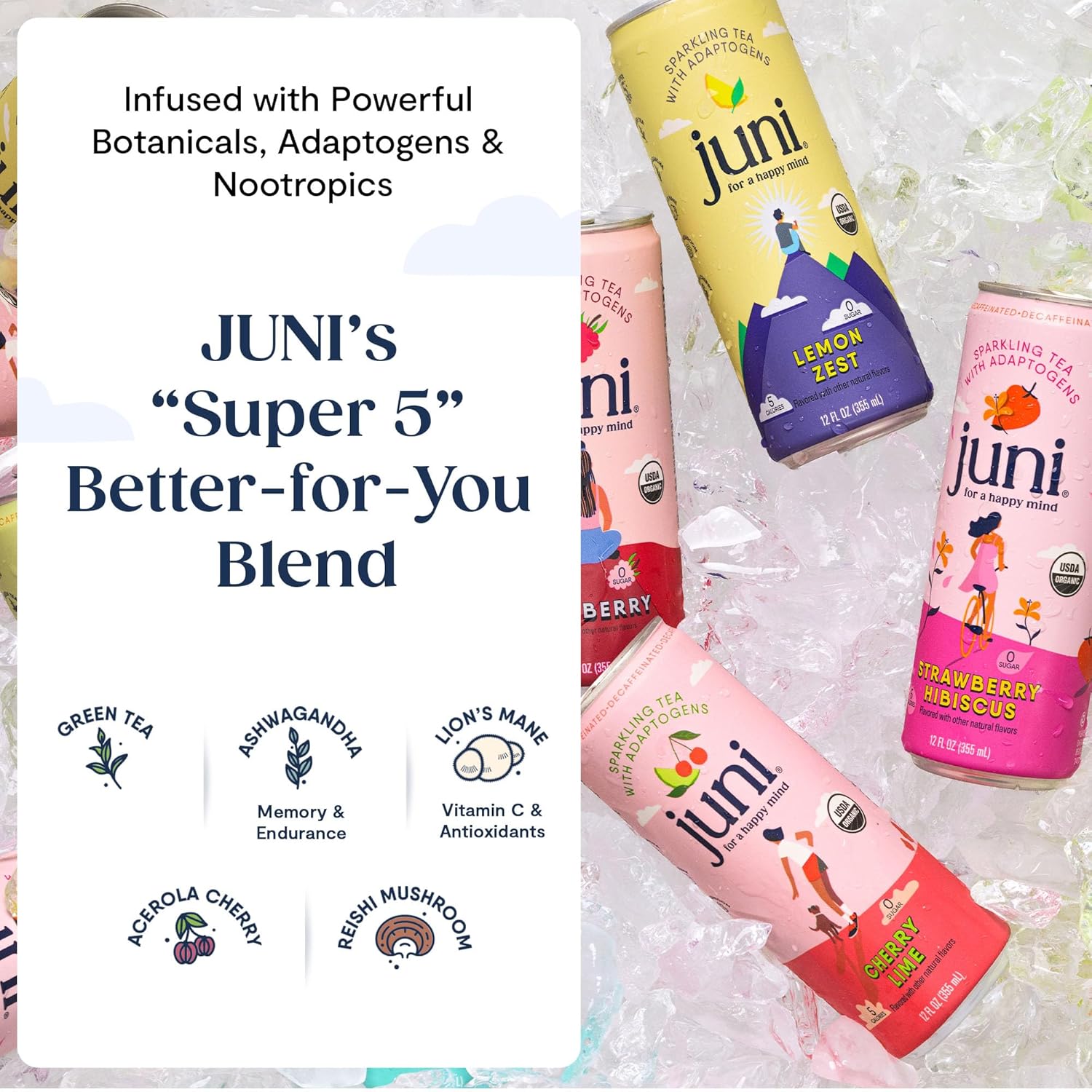 Juni Sparkling Adaptogen Drink With Ashwagandha, Lion’S Mane & Reishi Mushrooms | Green Tea For Focus, Zero Sugar, 5 Calories | Decaffeinated, Non Alcoholic Drinks – Variety Pack (12 Pack)