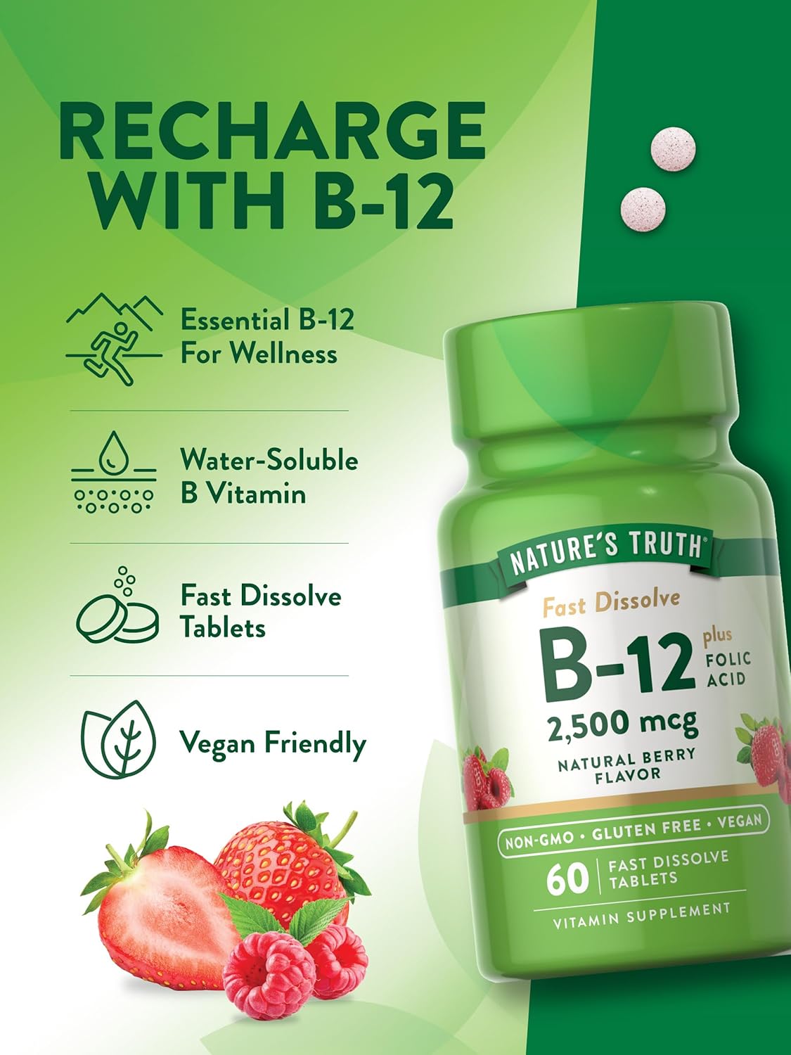 Nature's Truth B12 Vitamin | 60 Sublingual Tablets | 2500 mcg | Vegan, Non-GMO & Gluten Free : Health & Household