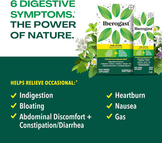 Iberogast Softgels, Herbal Relief Of Stomach Upsets: Occasional Indigestion, Bloating, Gas, Nausea, Upset Stomach; 6-Herb Blend With Iberis Amara, Peppermint, Licorice, Lemon Balm; 30Ct