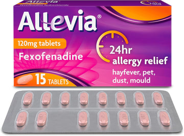 Allevia Hayfever Allergy Tablets, Prescription Strength 120 Mg Fexofenadine, 24Hr Relief Acts Within 1 Hour, Including Sneezing, Watery Eyes, Itchy And Runny Nose, 15 Tablets