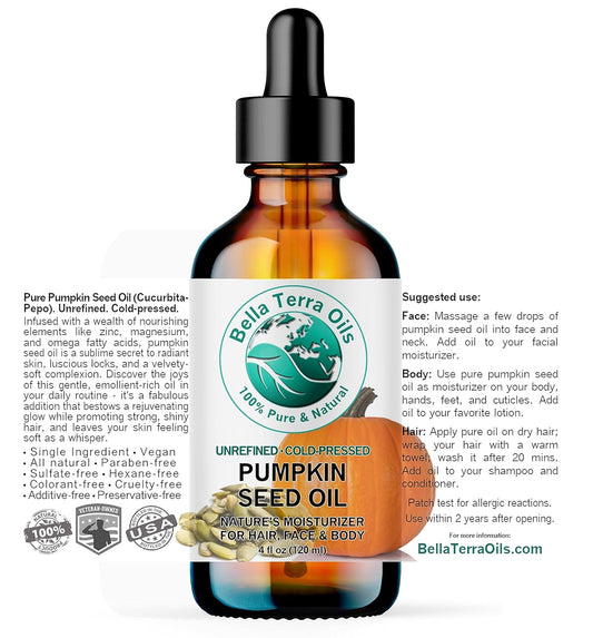 Bella Terra Oils - Organic Pumpkin Seed Oil 4 oz - Harvested Essence, Enriched with Phytosterols, Magnesium & Antioxidants, A Signature Elixir for Radiant Skin