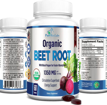 Yummyvite Organic Beet Root Powder Tablets - 1350Mg With Black Pepper For Faster Absorption - Boosts Nitric Oxide For Energy And Stamina - 60 Tablets