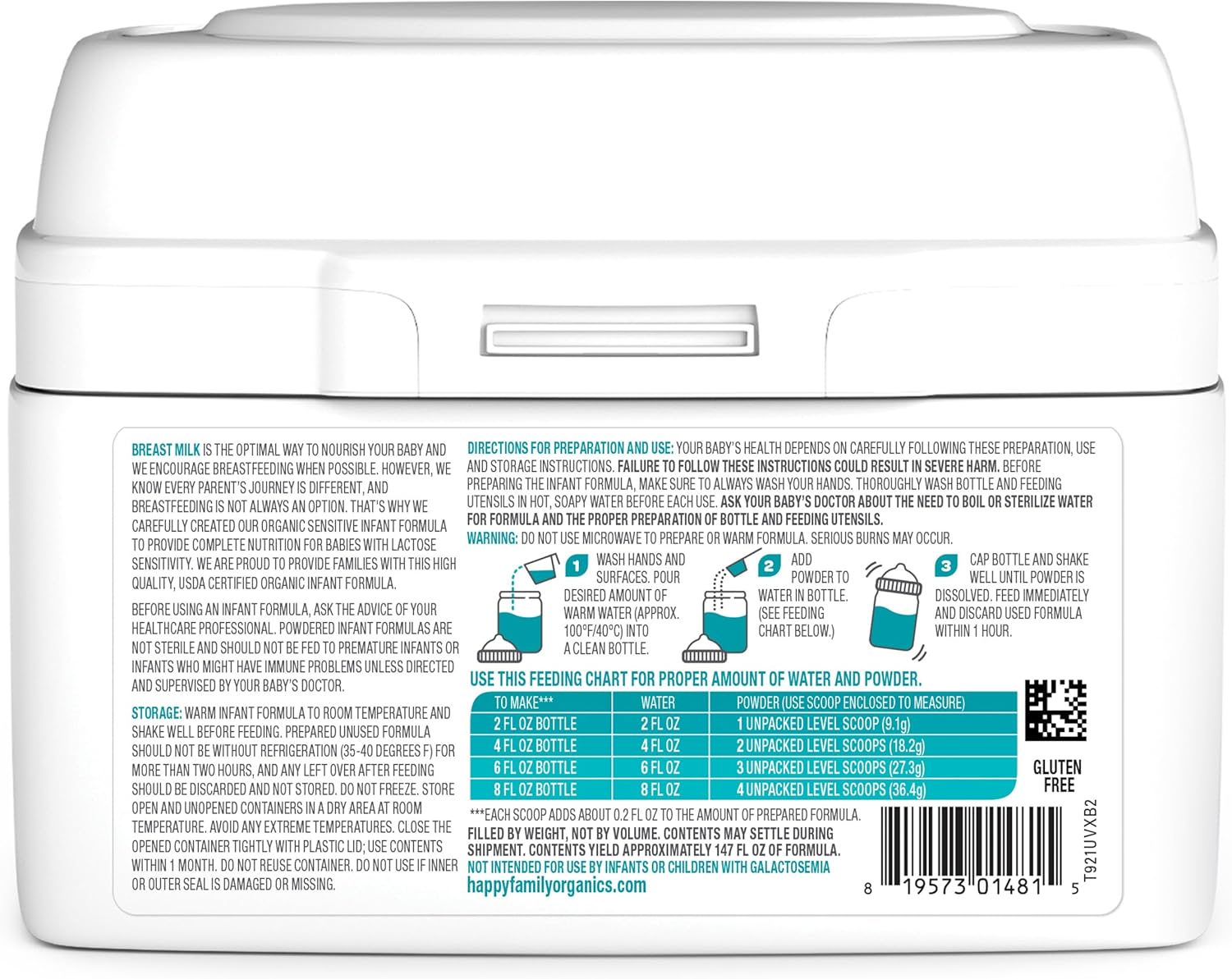 Happy Baby Organics Infant Formula, Milk Based Powder Sensitive Stage 1, 21 Ounce (Pack of 4) packaging may vary : Baby