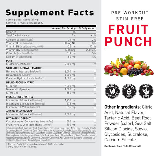 Kaged Stimulant Free Pre Workout Powder Fruit Punch Pre-Kaged Formulated With Creatine, Beta Alanine No Jitters 20 Servings