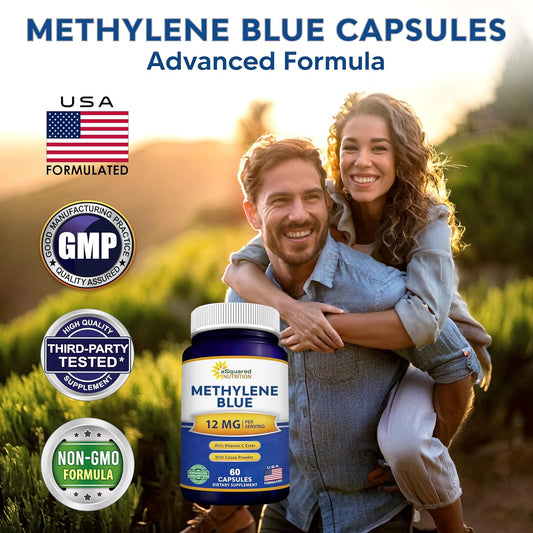 Asquared Nutrition Methylene Blue Capsules - Pharmaceutical Grade Supplement For Humans - 12Mg Usp Grade - W/Vitamin C & Cacao Powder - Brain, Focus, Energy - Alternative To Drops & Tablets