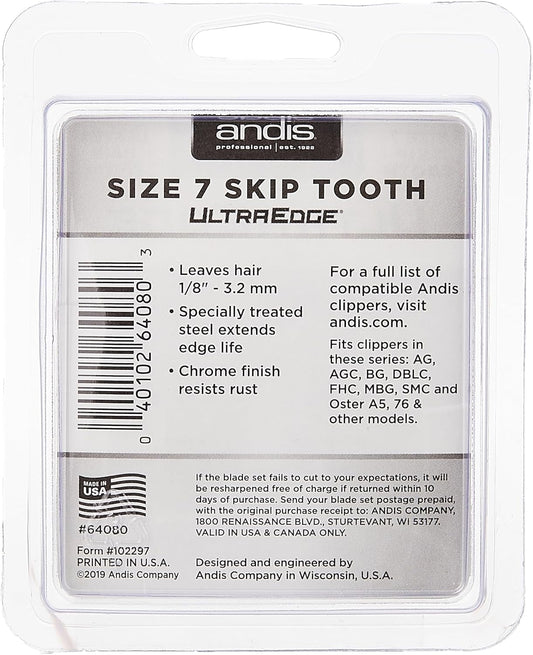 Andis β 64080, Ultra Edge Dog Clipper Blade β Made From High-Carbon Steel With Extended Edge Life, Includes Size-7 Skip Tooth, Harder Cutting Surface With Sharp Edge - 1/8-Inch Cut Length, Chrome