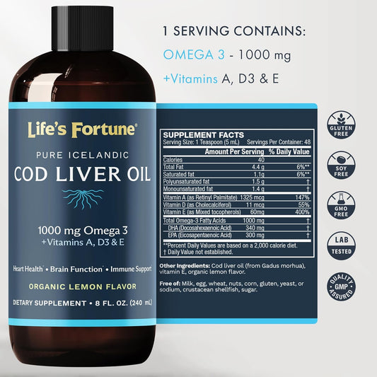 Life'S Fortune Cod Liver Oil Liquid, 1000 Mg Omega-3S, Organic Lemon Flavor Supplement - High Potency Fish Oil With Dha & Epa, Vitamin A, D - Immune Health, Joints, Vision, Skin Non-Gmo, 8 Fl Oz