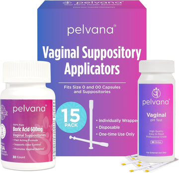 Boric Acid Suppositories For Women 30 + 15 Applicators + 50 Ph Test Strips = 95 Piece Kit For Vaginal Ph Balance, Odor, Itching, Dryness & Discharge