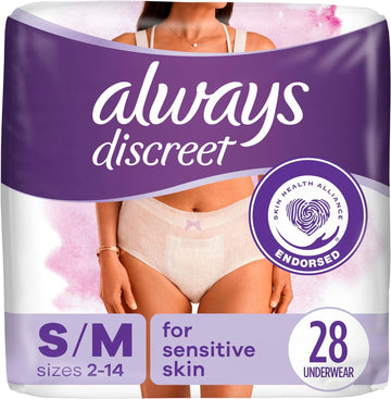 Always Discreet Sensitive, Incontinence & Postpartum Underwear For Women, Maximum Plus Protection, Small/Medium, 28 Count