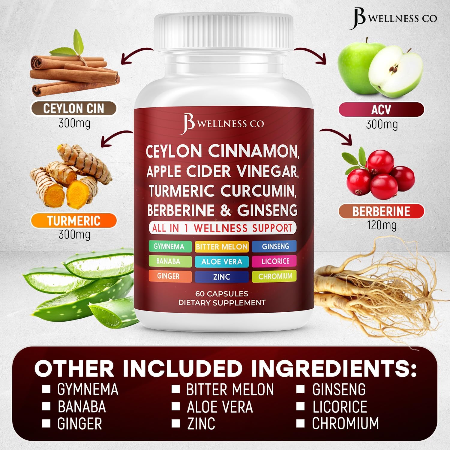 Ceylon Cinnamon, Turmeric, Acv, Ginseng, Aloe Vera, Berberine Plus Banaba, Ginger Root - 120 Capsules : Health & Household
