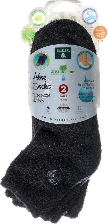 Earth Therapeutics Aloe Vera Socks – Infused With Natural Aloe Vera & Vitamin E – Helps Dry Feet, Cracked Heels, Calluses, Dead Skin - Use With Your Favorite Lotions - Black/Black (2 Pairs)