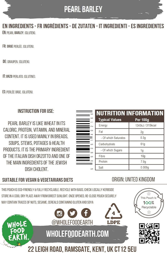 Wholefood Earth Pearl Barley 500 G | Gmo Free | High Fibre