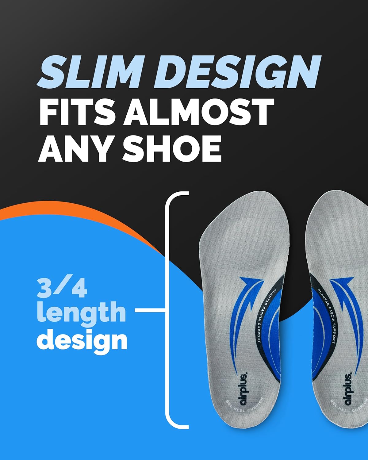 Airplus Plantar Fasciitis Orthotic 3/4 Length Shoe Insole- Foam Shell & Gel Heel - Deep Heel Cup, Full-Foot Arch Support - Soft Cushioning & Stability-Apma Certified-Fits Most Shoes & Boots - Unisex