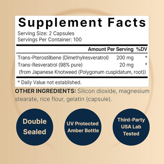 Pterostilbene With 98% Trans-Resveratrol, 200Mg Per Serving, 200 Capsules | Naturally Sourced From Wild Blueberries โ Antioxidant Supplement For Healthy Aging Support โ Non-Gmo