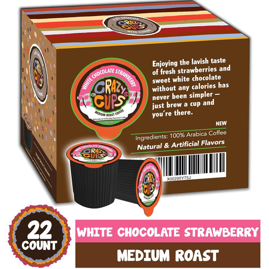 Crazy Cups Decaf Flavored Coffee Pods, Decaffeinated White Chocolate Straberry Flavored Coffee, Single Serve Hot Or Iced Medium Roast Coffee For Keurig K Cups Machines, 22 Count