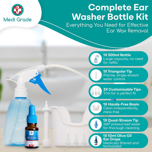 Medi Grade Earwax Removal Kit With 300Ml Bottle - Ear Cleaner With 2 Spray Nozzles - Reusable Home Ear Cleaning Kit - Safe Irrigation Set With 5 Tips & Hand-Free Basin