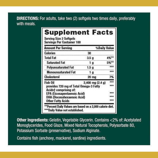 Nature's Bounty Fish Oil, 1200mg, 360mg of Omega-3, 200 Coated Softgel