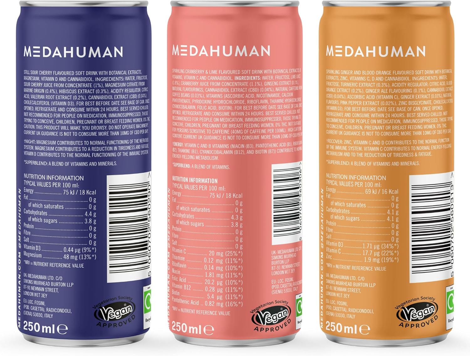 MEDAHUMAN CBD Drink (20mg) Mixed Pack, Adaptogen, Nootropic and Nutrient Functional Wellness Drinks - for Energy, Recovery and Night for sleep - Feel Calm, Low Calorie & Vegan (Pack of 12x 250ml) : Amazon.co.uk: Grocery