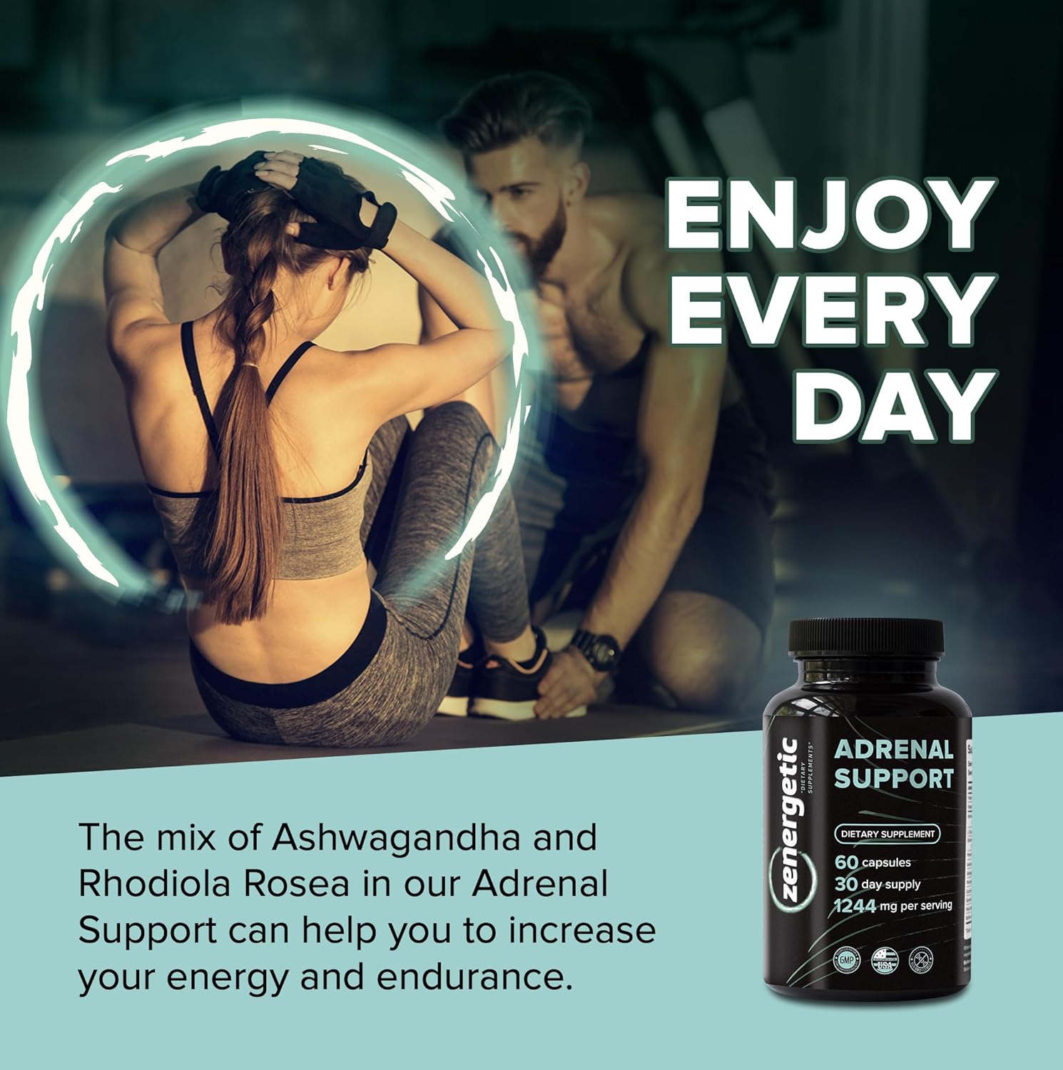 Zenergetic Adrenal Support Supplements ¦ Cortisol Manager, Calm Support, Mood & Energy Support, With Ashwagandha, L-Tyrosine, Rhodiola Rosea & Holy Basil ¦ 60 Pills Non Gmo : Health & Household