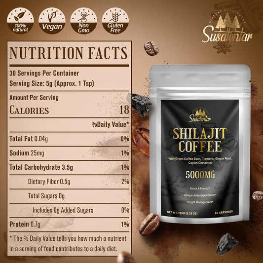 5000Mg Shilajit Pure Himalayan Organic Coffee, Shilajit Coffee For Focus, Energy & Immune, Fulvic Acid With Organic Arabica Coffee, Green Coffee Bean, Turmeric, Ginger Root, 30 Servings