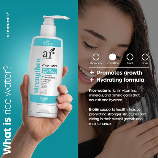 Artnaturals Ricewater + Biotin Conditioner - (16 Fl Oz / 473Ml) - Sulfate Free – Dual Bottle - Made With Banana, Quinoa, And Coconut To Promote Strength, Shine, And Growth
