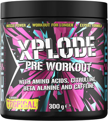Sci-Mx - X-Plode Pre-Workout - 300G - Tropical Flavour - 250Mg Caffeine, 6G Citrulline Malate, 3.2G Beta Alanine / Serving - Suitable For Vegetarians + Vegans