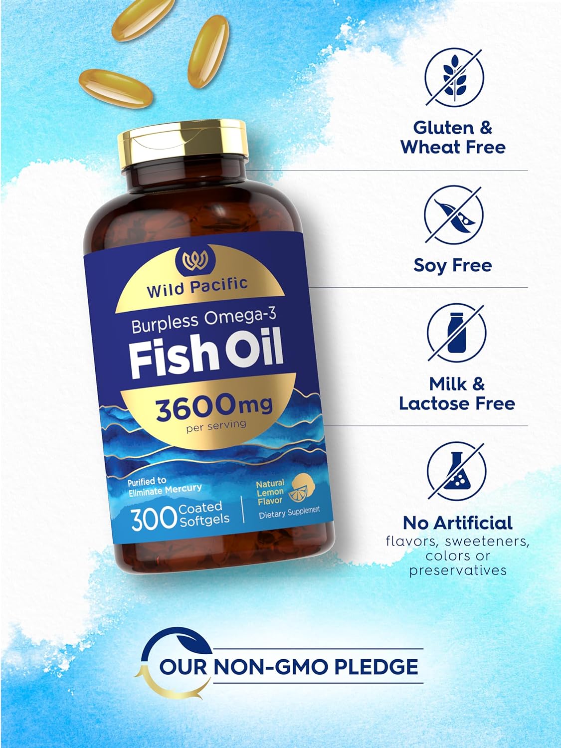 Carlyle Burpless Fish Oil 3600 Mg | 300 Softgels | With Omega-3 Fatty Acids | Lemon Flavor | Non-Gmo, Gluten Free Supplement | By Wild Pacific : Health & Household