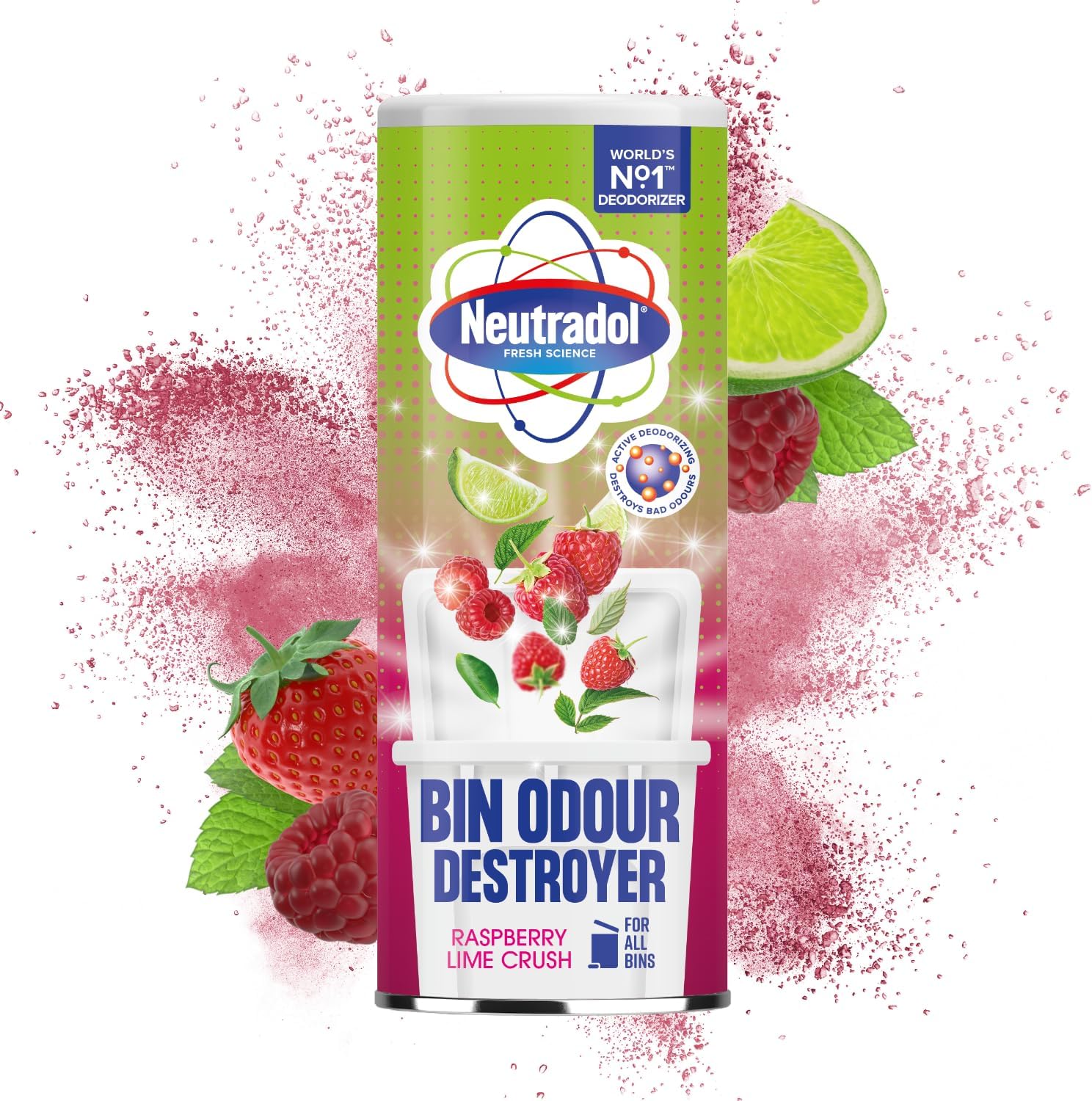 Neutradol Dustbin Odour Destroyer, Bin Freshener Deodorising Powder, Odour Eliminator For Indoor & Outdoor Bins, Raspberry Lime Crush, Multipack Of 6 X 350G