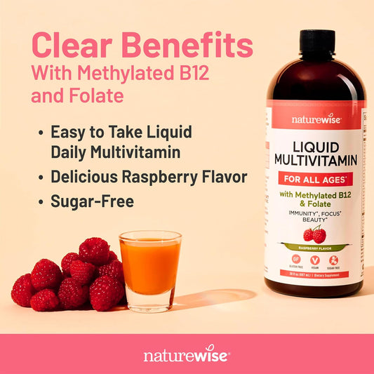 Naturewise Liquid Multivitamin For Women, Men Of All Ages - Sugar Free, Vegan - Vitamins For Energy Levels, Beauty, Immune Health With Methylated B12 & Folate - Non-Gmo - 30 Fl Oz(887 Ml)