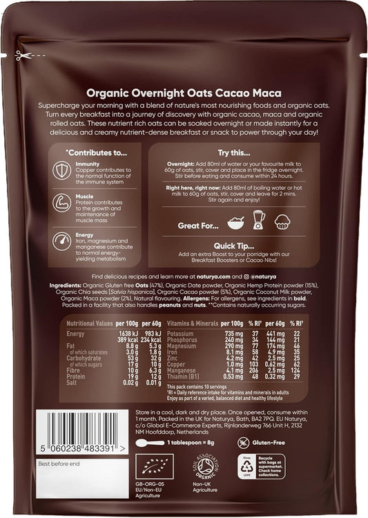 Naturya Organic Cacao Maca Overnight Oats - Gluten-Free With Hemp Protein, Rich In Magnesium, Vegan, No Added Sugar - 600G