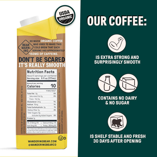 Wandering Bear Organic Caramel Cold Brew Coffee, 32 Fl Oz, 1 Pack - Extra Strong, Smooth, Organic, Unsweetened, Shelf-Stable, And Ready To Drink Iced Coffee, Cold Brewed Coffee, Cold Coffee