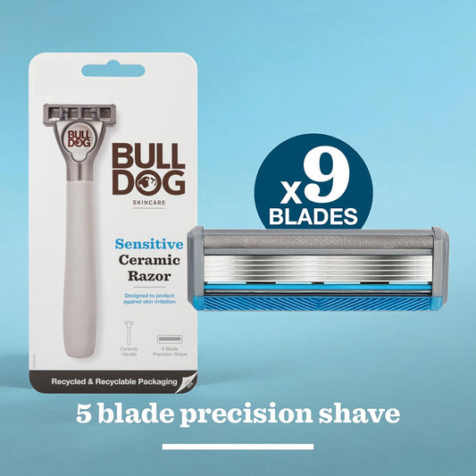 Bulldog Skincare - Sensitive Ceramic Razor Multipack Smooth Glide Razor Handle Plus 9 Blade Refills For Men