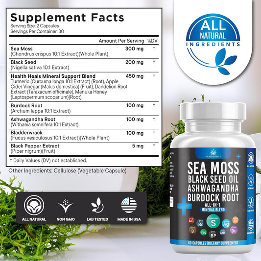Silicon Sea Moss 3000 Black Seed Oil 2000 Ashwagandha 1000 Bladderwrack 1000 Burdock 1000-60 Count