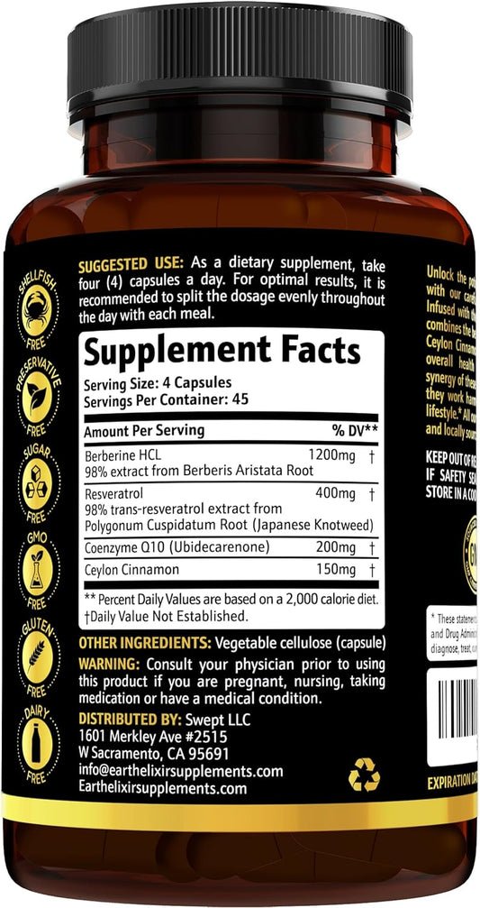 4-In-1 Berberine Supplement 1200Mg (180 Caps) W/ 200Mg Coq10, 400Mg Resveratrol & 150Mg Of Ceylon Cinnamon –3Rd Party Tested– Berberine W/Ceylon Cinnamon Supplements –Max Purity– Co Q 10