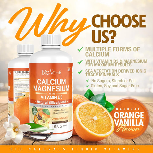 Bio Naturals Calcium & Magnesium Liquid Supplement With Vitamin D3 - Natural Formula, Four Types Of Calcium Supports Strong Bones With Superior Absorption To Pills - 100% Vegetarian - 32 Fl Oz