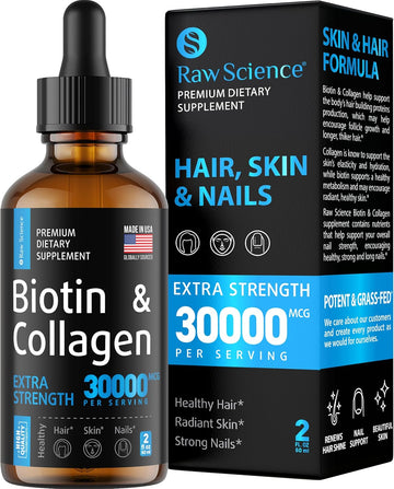 Liquid Collagen & Biotin Supplement For Hair Growth - Biotin 10000Mcg Collagen 20000Mcg Drops - Biotin And Collagen Vitamins For Skin Hair And Nail Health For Women & Men - Made In Usa, 2 Floz