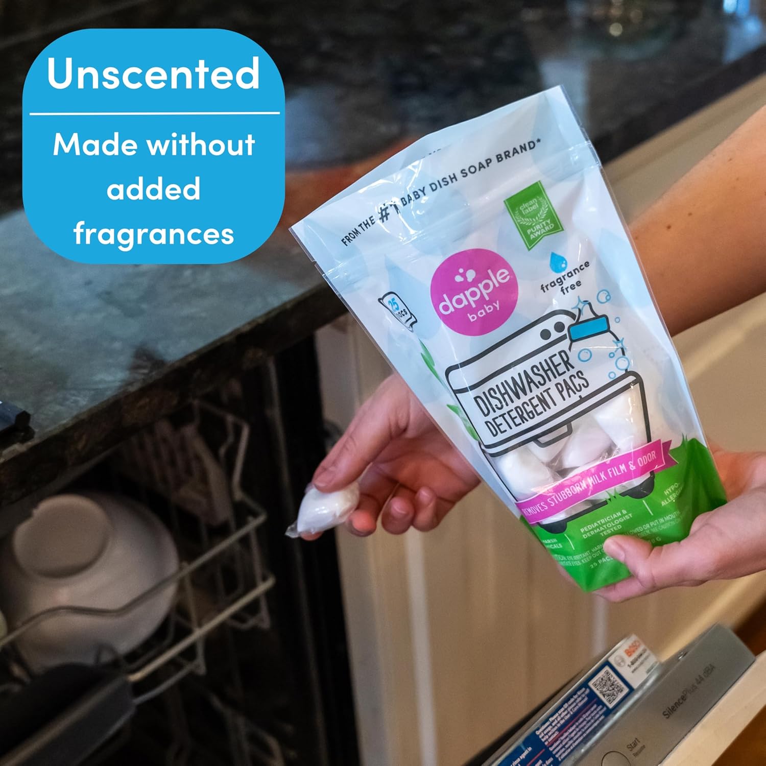Dapple Baby Dishwasher Pacs, Fragrance Free Dishwasher Pods, Plant Based, Hypoallergenic, 25 Count
