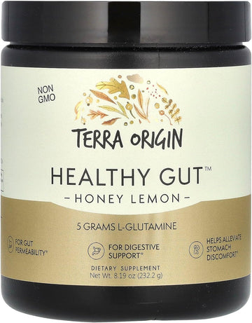 Terra Origin Healthy Gut Powder (Honey Lemon) | 30-Servings With L-Glutamine, Zinc, Glucosamine, Slippery Elm Bark And More!