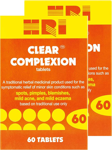 Hri Clear Complexion Tablets. Natural Active Herbs To Relieve Mild Skin Conditions - Mild Acne, Spots, Pimples, Blemishes. 2 Packs - 120 Tablets