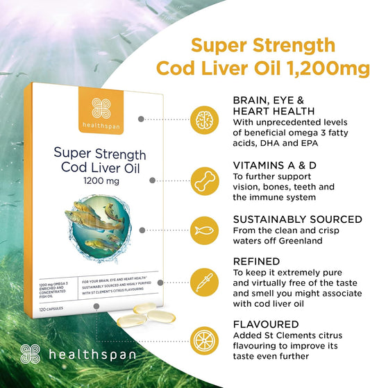 Healthspan Super Strength Cod Liver Oil 1,200Mg (120 Capsules) | Supports Heart, Brain & Eye Health | Added Vitamin A, D3 And Calcium | Rich In Omega-3 Fatty Acids Dha & Epa | Sustainably Sourced