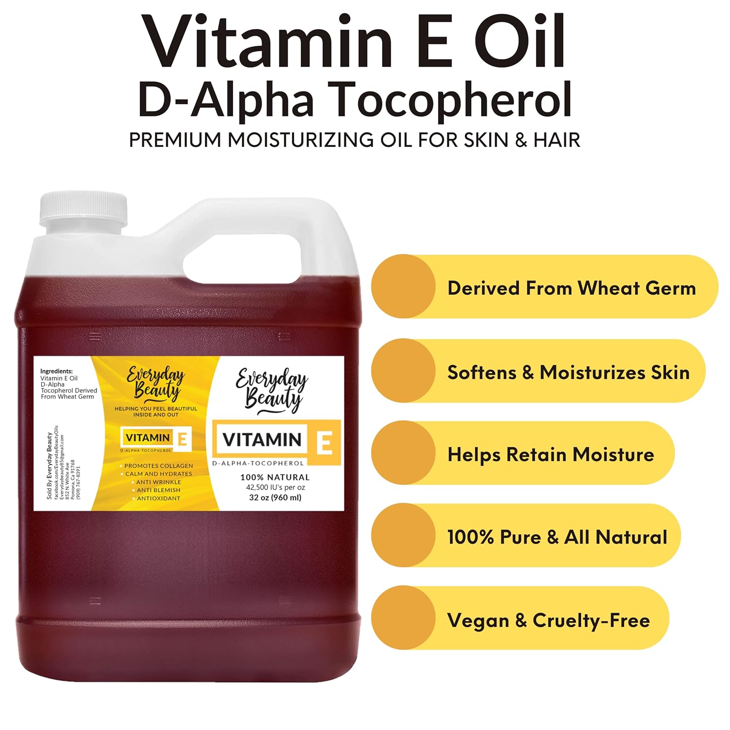Pure Vitamin E Oil Bulk - 8 Oz D-Alpha Tocopherol 100% Pure & All Natural 42,500 Iu Per Oz - Not A Blend, Thick, Amber Color - From Wheat Germ - Face Body Hair - Diy Cosmetics & After Surgery Scars… : Health & Household