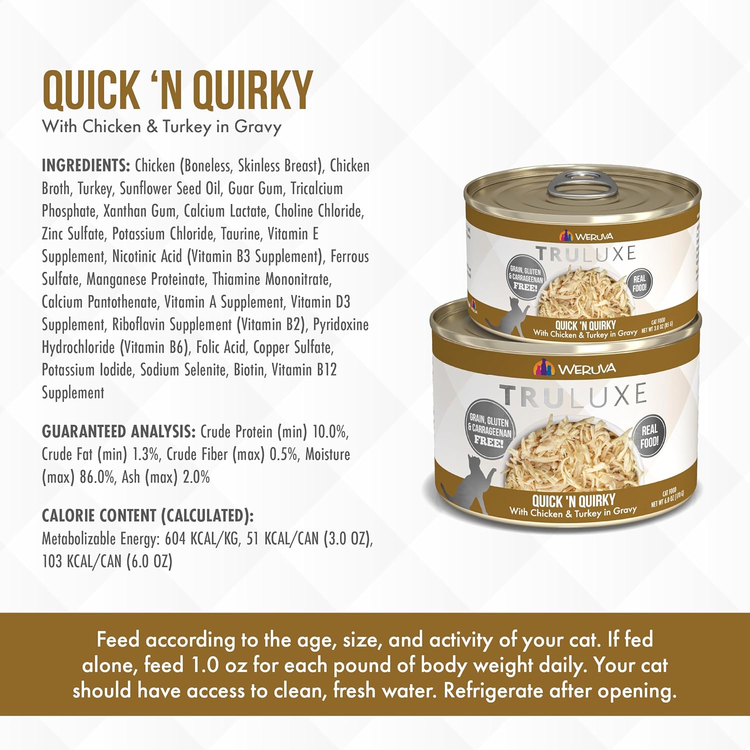 Weruva's TruLuxe Cat Food, Quick 'N Quirky with Chicken & Turkey in Gravy, 6oz Can (Pack of 24), Brown : Pet Supplies