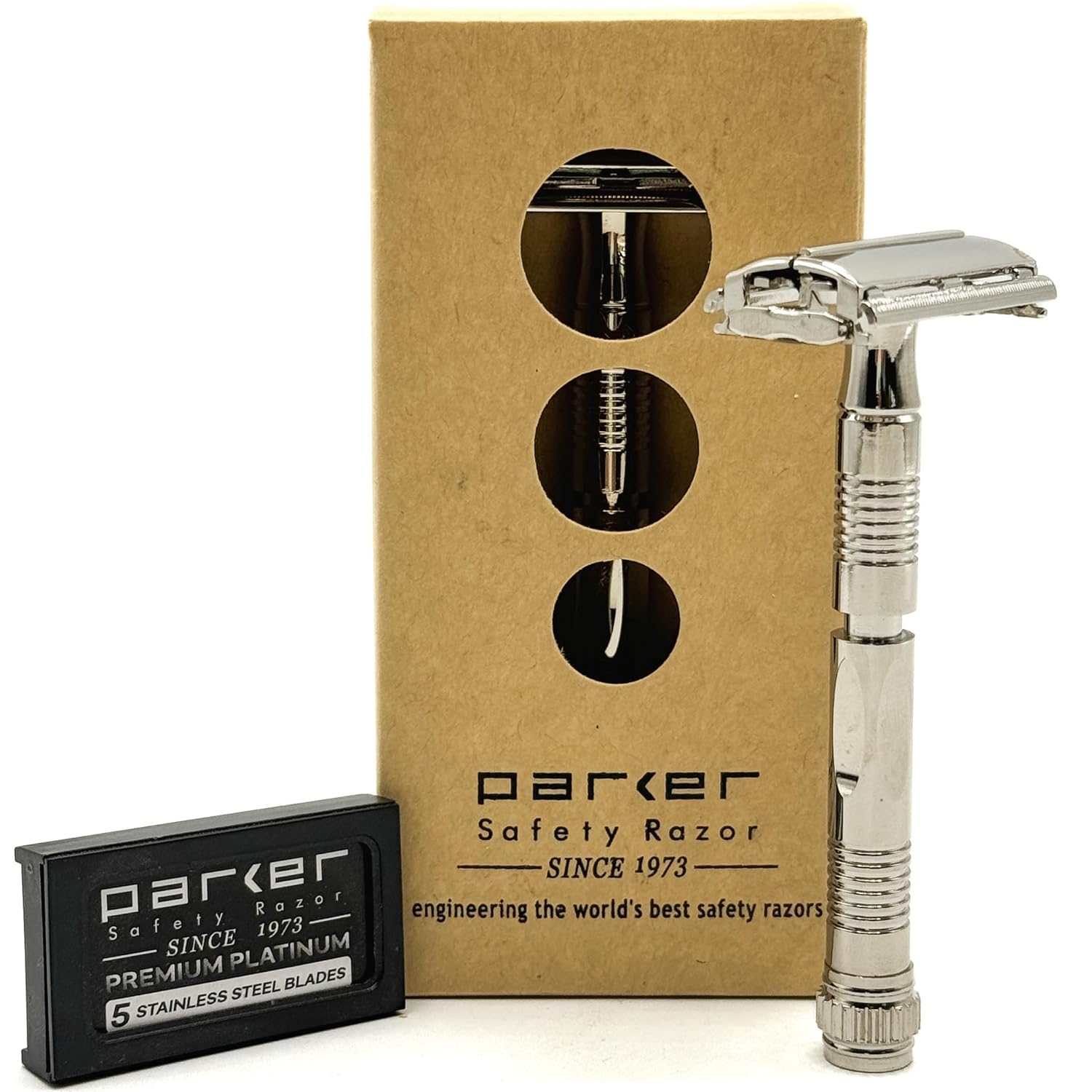 Parker, 90R Nickel Plated Long Handle Butterfly Open Double Edge Safety Razor For Men, 5 Parker Premium Platinum Double Edge Razor Blades Included : Beauty & Personal Care